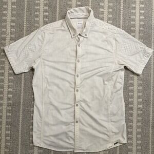 JB Holt Men's Performance Shirt White Grey Tan Geometric Dot Pattern MEDIUM